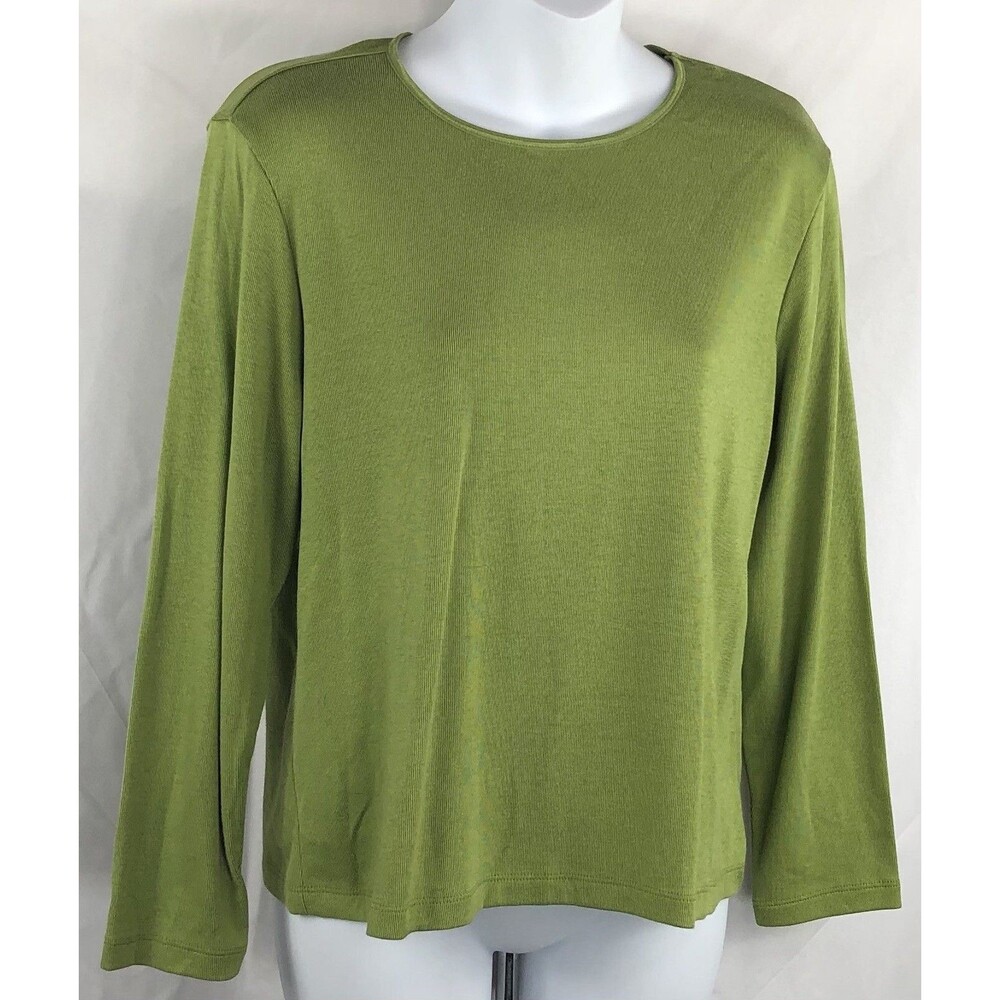 JM Collection Jersey Top L Green LongSleeve Soft Cotton Rayon Ribbed Knit